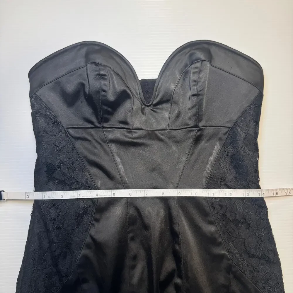 bebe Strapless Black Satin Lace Sheath Dress Women’s Medium Bodycon Bombshell - Picture 8 of 16